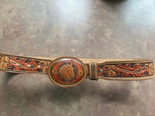   Exquisite Hand Painted  Tooled Leather Belt With Horse Head/acorns/leaves 32  