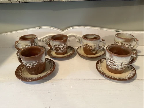 Set of 6 Frankoma Pottery Coffee Mugs W Saucers Mayan Aztec Desert Gold Cups