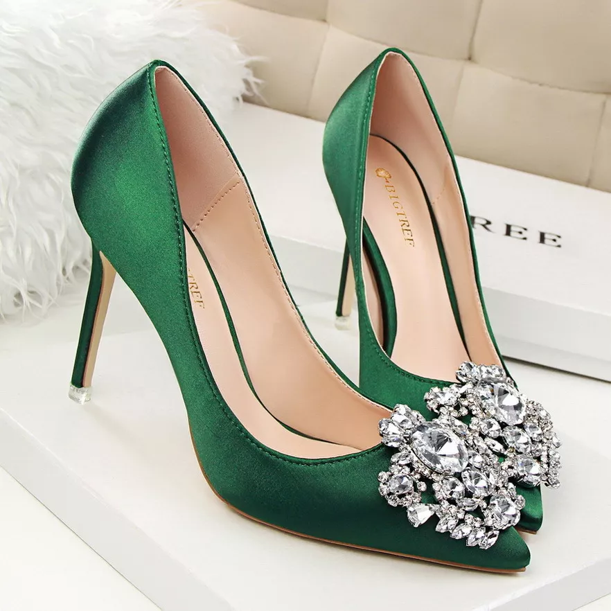 Women Satin Crystal Embellished Pumps Stiletto Heel Pointed Toe High Heels  Elegant Party Wedding Shoes Multi Colors Designer