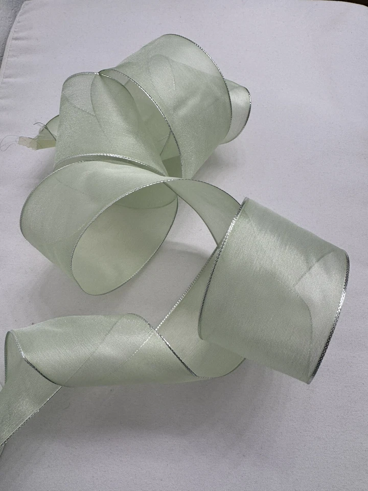 Vintage Sage Green Organza Organdy Fabric Ribbon Made In Switzerland 3 x 50 In - Image 4 of 4