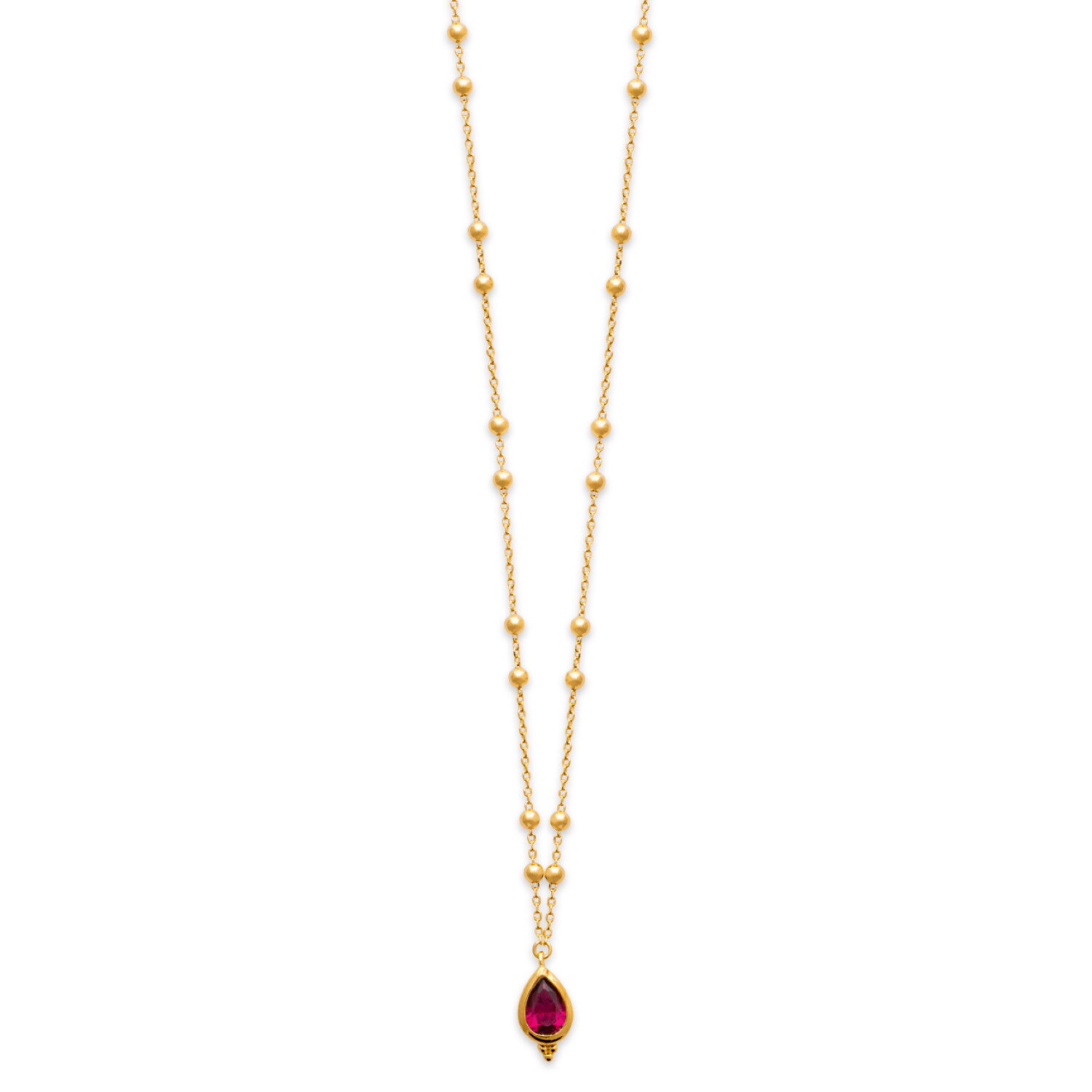 Collier chaîne boule en plaqué or 750/000 certifié et pendentif solitaire rouge