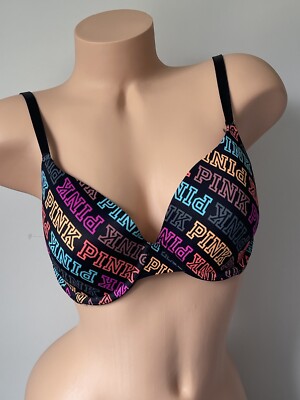 Victoria s Secret PINK 34D Bra Black Rainbow LOGOS  VS Wear Everywhere Push Up
