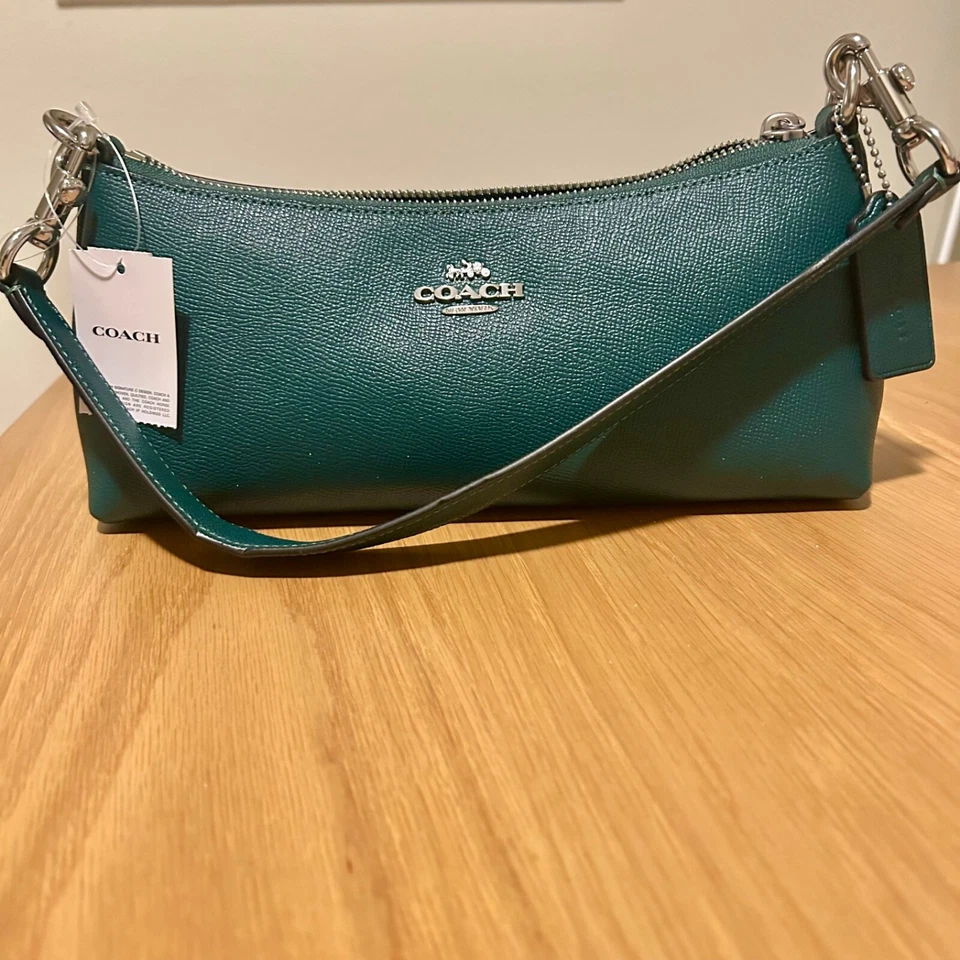 🔥NWT COACH Charlotte Leather Shoulder Bag  In Silver/Emerald Green RP $378
