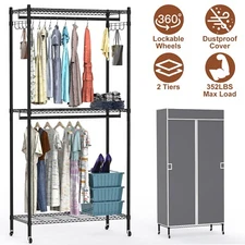 2-Tier Clothing Garment Rack Rolling Clothes Hanging Organizer Dustproof Cover
