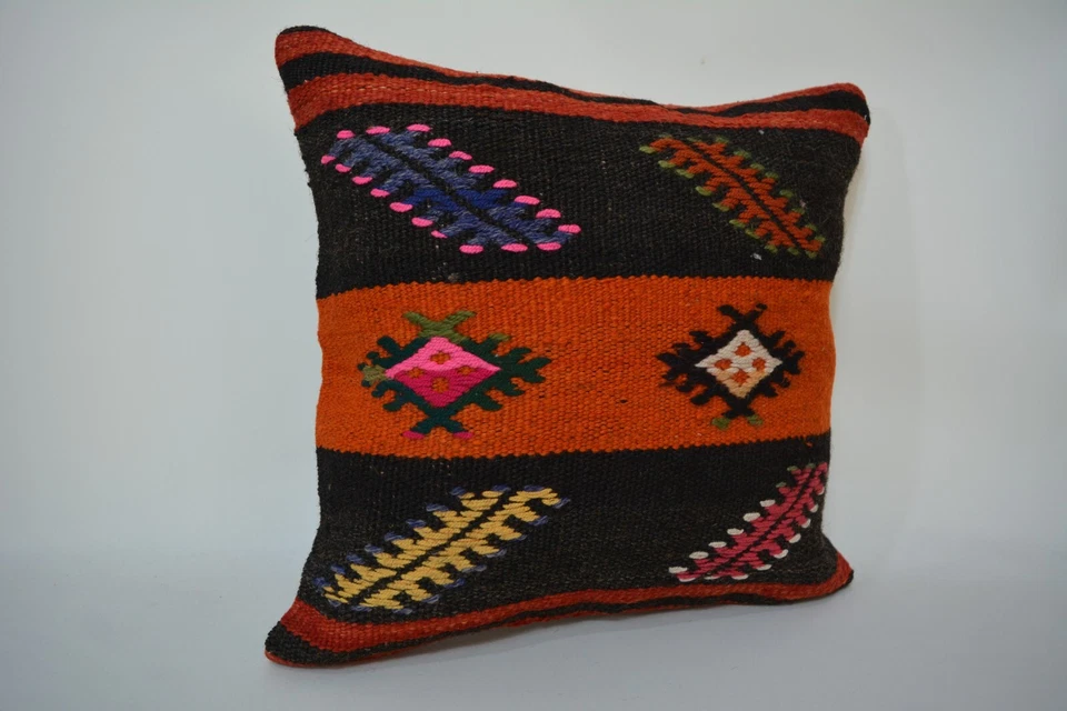 Traditional Hand Knotted Kilim Pillow, 16x16in, Antique Multicolor Retro Pillow - Image 3 of 4