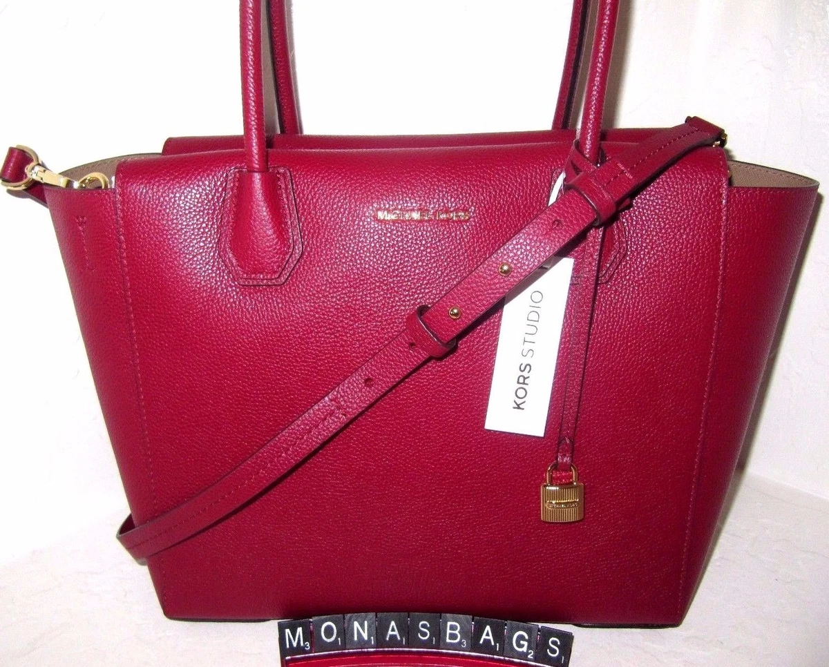 Michael Kors Cherry Red Leather Large Mercer Satchel Tote Bag With Strap NWT 328