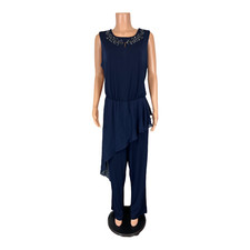 Susan Graver Occasions Regular Liquid Knit Jumpsuit with Chiffon Navy 1X Size