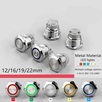 12/16/19/22mm Waterproof Metal Push Button Switch LED Light Momentary Latching C
