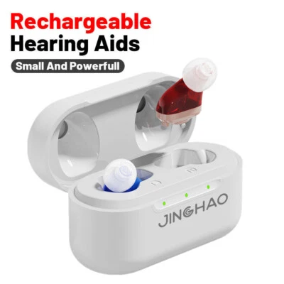 JINGHAO Rechargeable Hearing Aid Mini Invisible Hearing Amplifier L+R With Charger Case