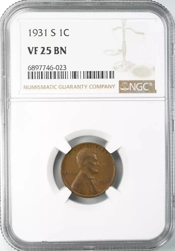 1931 S LINCOLN WHEAT CENT PENNY 1C NGC CERTIFIED VF 25 BN VERY FINE (023)