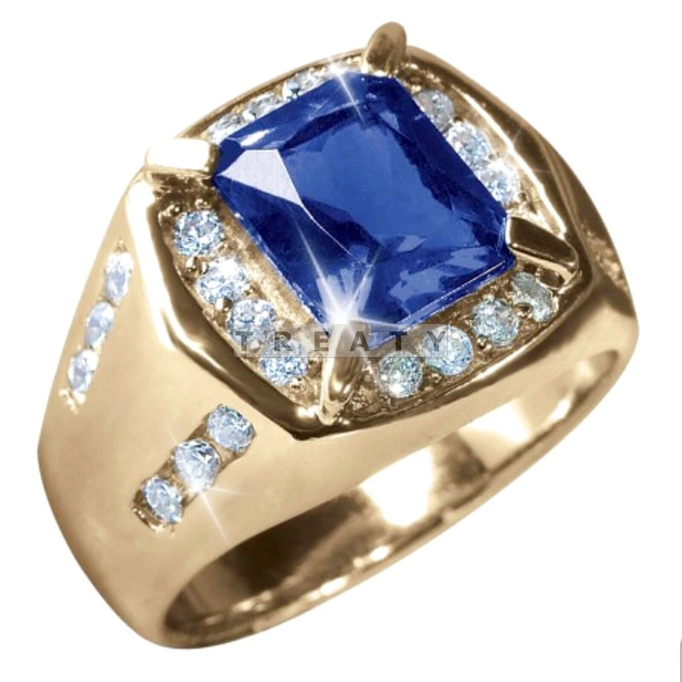 Zafiro azul corte esmeralda con anillo chapado en oro de plata de ley 925 para hombre #14 Foto 3 de 4