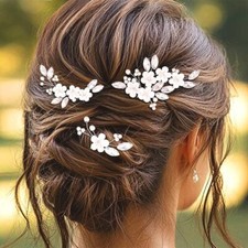 3 Pack Silver Flower Bride Wedding Hair Pins Crystal Pearl Hair Pieces Bridal