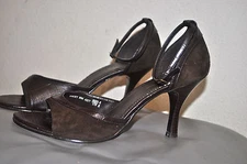 LUCY PIRIDA CHOCOLATE CROC TRIM SUEDE OPEN TOE PUMPS WITH ANKLE STRAP SIZE 10M