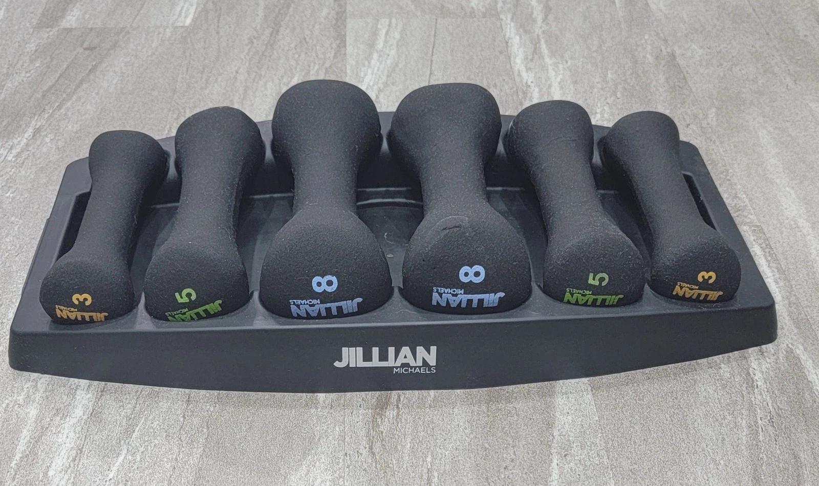 Jillian Michaels 6 Pc Dumbbell Set 3 5 8 lb Weights w/ Rack EUC Home Gym