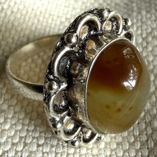 Vintage Sterling Silver 925 Ring w/ Agate Cabochon  Size 7  Boho Statement
