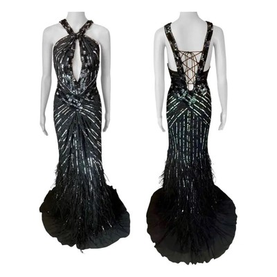 Roberto Cavalli c.2015 Embellished Feathers Lace Up Corset Evening Dress Gown
