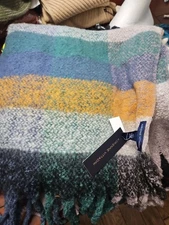 Adrienne Vittadini Soft Oversized Plaid Scarf Shawl Green Mix Fringe Chunky NWT