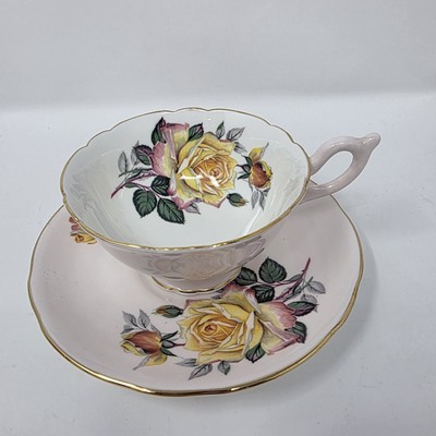 Foley Cup & Saucer #4812 Yellow Roses Pastel Pink Footed  England Vintage