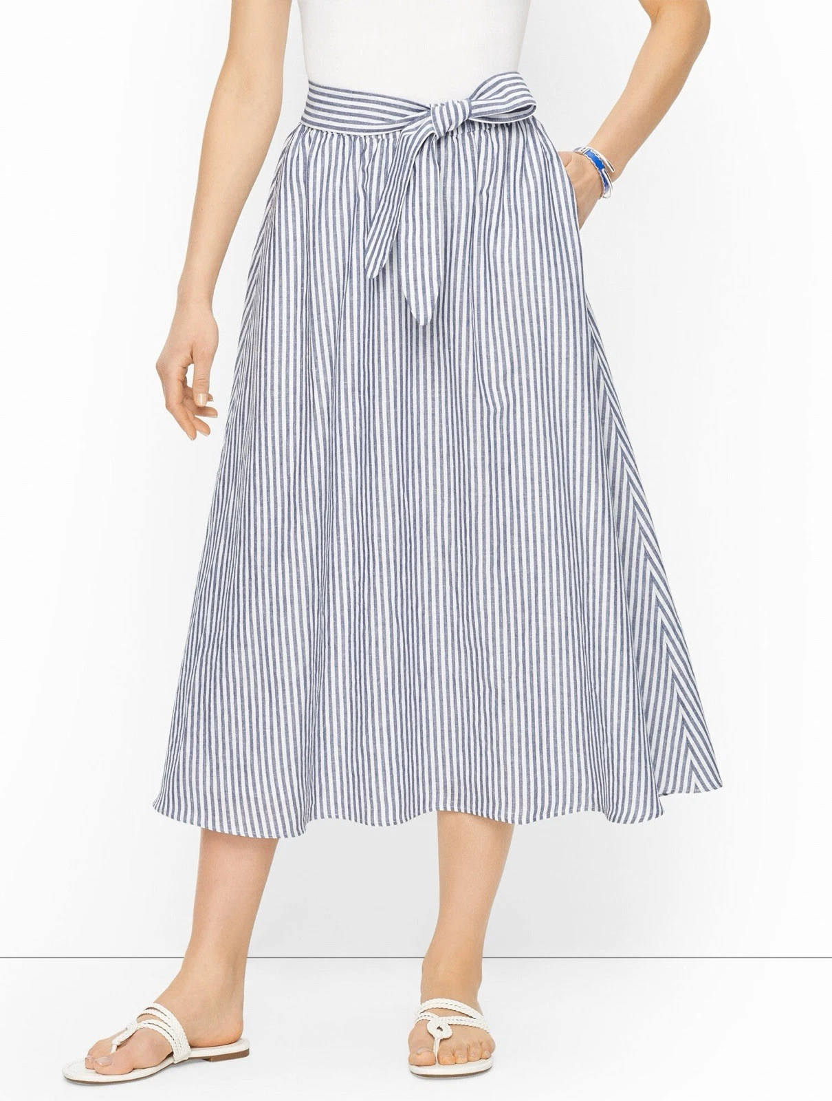 NWOT Talbots Candy Stripe Linen Blend A-Line Midi Skirt Blue White Petite Beach