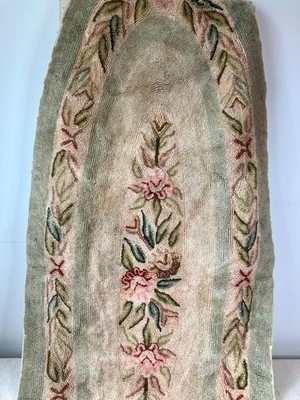VTG Oval Hooked Rug Wool Aqua Mint Green Pink Flowers Cottage 26 x 66''  Flaws
