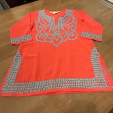 Gretchen Scott Designs Tunic Shirt Womens XS Coral Orange Blue Embroidered Boho
