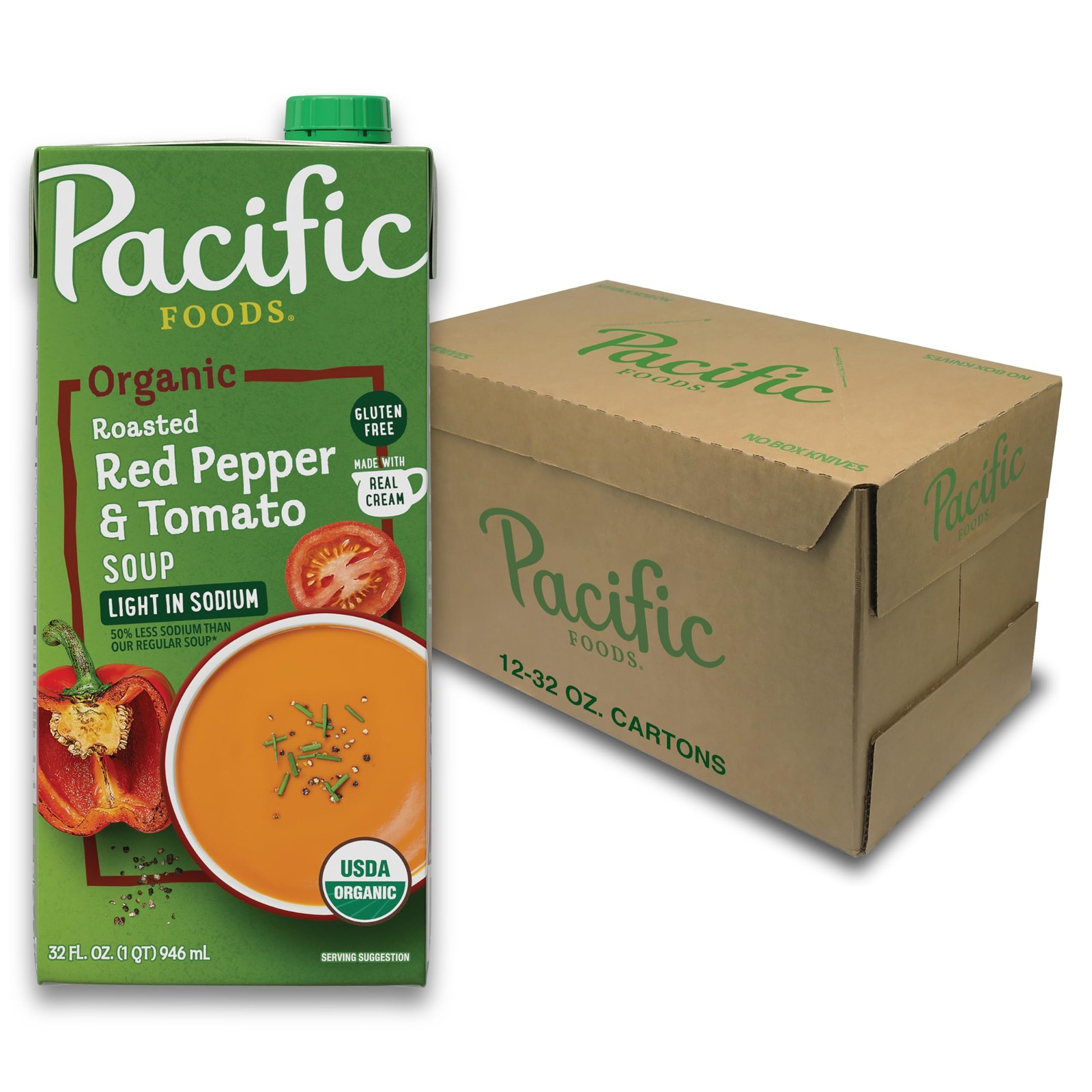 Pacific Foods Organic Light in Sodium Roasted Red Pepper Tomato Soup 32 oz 12...