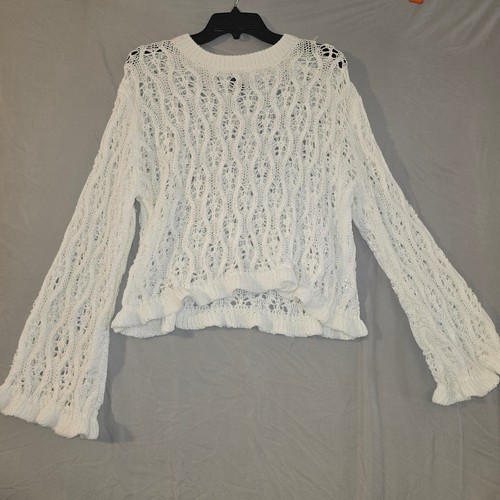 H&M, H&M Divided Open Knit Sweater XL Womens White Pointelle Bell Sleeve Boho Festiva