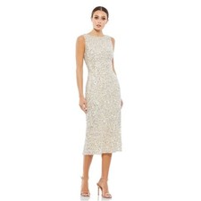 Mac Duggal Sleeveless Sequined Midi Sheath Dress Silver/Nude Size 14 NWT