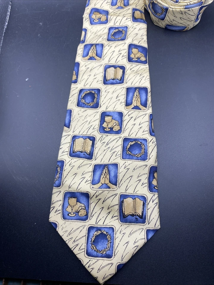 Corbata de oración para hombre 100 % seda crema y azul por Eagles Wing  Foto 2 de 4