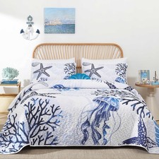 Coastal Quilt Set King Size Blue Nautical Beach Quilt Coverlet Reversible Lig...