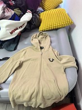 True Religion Men's Beige Fleece Full Zip Logo Graphic Hoodie w/ Pockets Size L