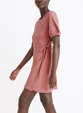 Madewell Crosshatch Puff-Sleeve Faux-Wrap Mini Dress in Pink $89.50 AO262 Size S