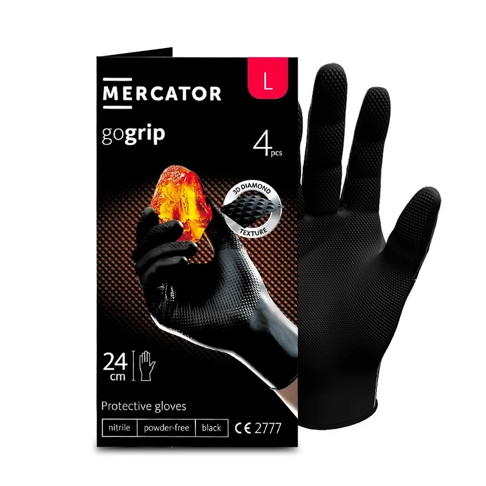 Gants nitrile NOIR taille L à structure en diamant Pochette 4 gants MERCATOR - Photo 1/1