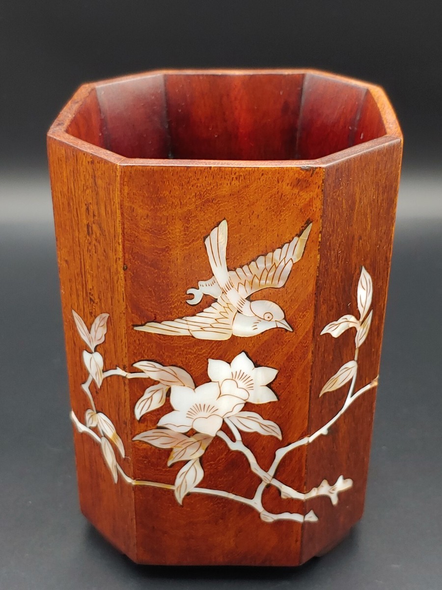 黄花梨木嵌螺钿花鸟纹八面笔筒Chinese Huanghuali Rosewood