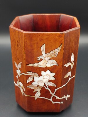 黄花梨木嵌螺钿花鸟纹八面笔筒Chinese Huanghuali Rosewood Inlaid
