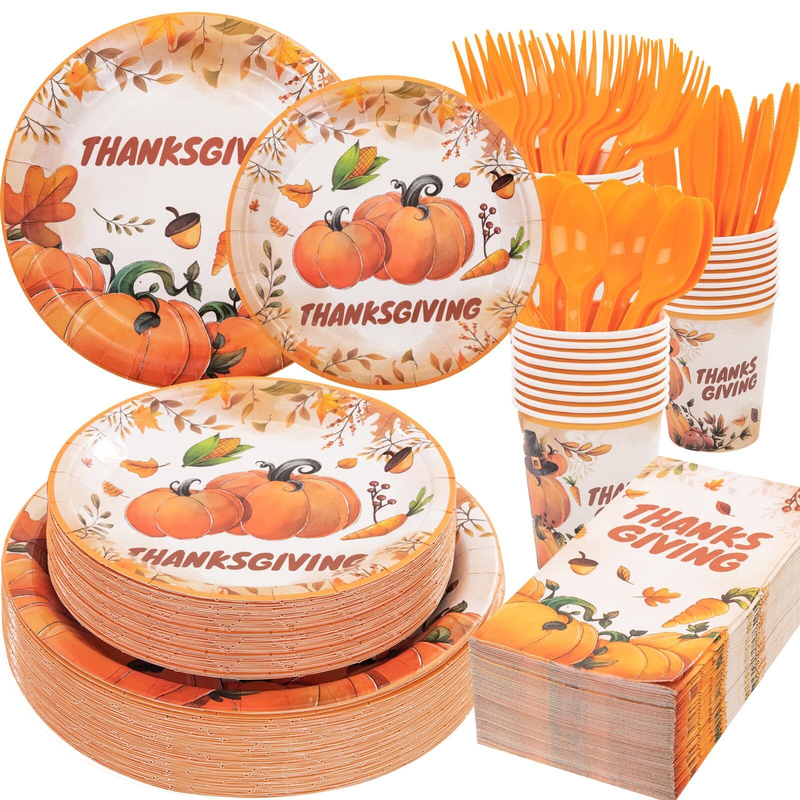 210pcs Thanksgiving Dinnerware Set - Paper Plates & Napkins for Holiday Feast