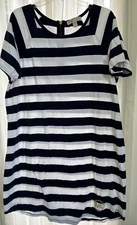 Michael Kors 1X Shift Tee Shirt Dress Striped Blue White Cotton Gold Logo