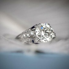 French Cut Blue Sapphire With Old Euroean Cut CZ 2.45TCW Engagement Wedding Ring