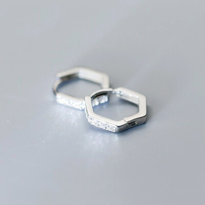 Hexagon 925 Sterling Silver Cz Huggie Hoop Earrings A1631