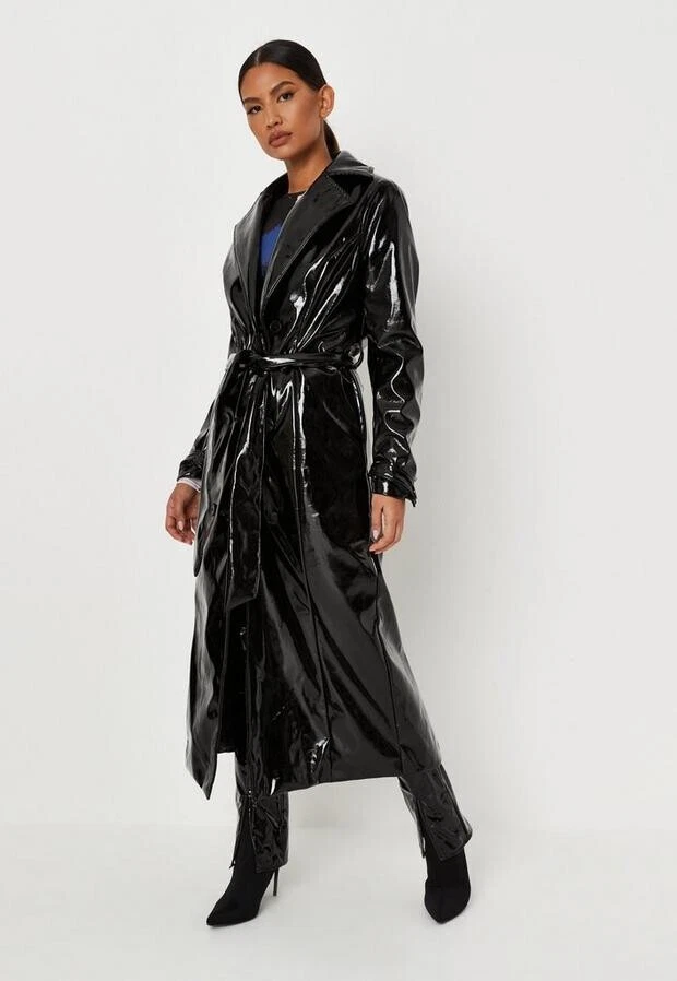 Missguided Vinyl Seam Detail Long Trenchcoat Black Size U.S. 6 New With  Tags