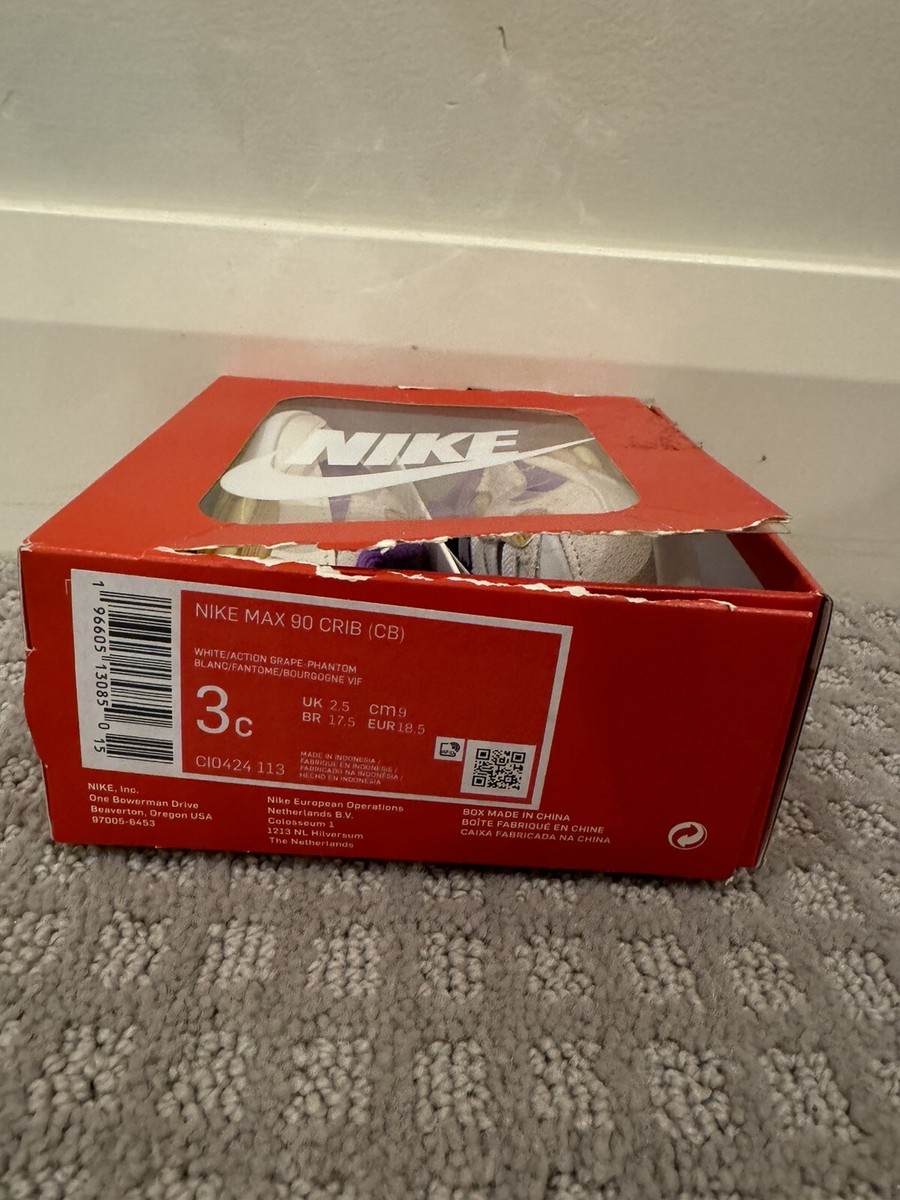 Nike Max 90 Crib Size 3C CI0424-113 Pearl White/purple Baby Shoes