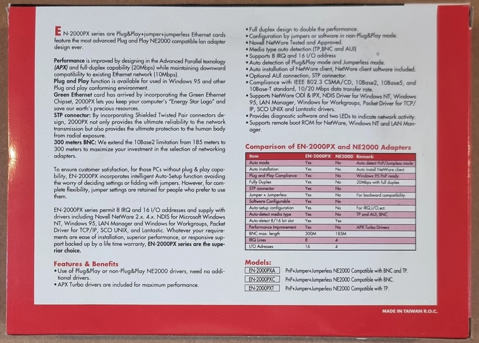 EDIMAX NE2000 ISA Netzwerkkarte PnP 10Mbps BNC RJ45 Full Duplex Retro OVP - Bild 2 von 3