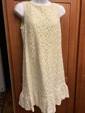 Ann Taylor LOFT Yellow Shift Dress With White Floral Lace Overlay, Size 4