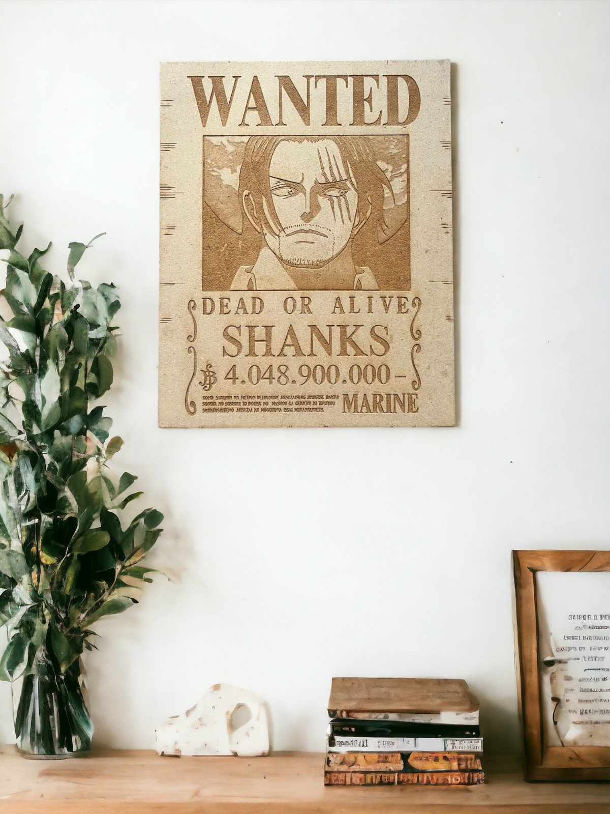Poster One Piece Shanks gravé sur bois pour salon et studio gaming
