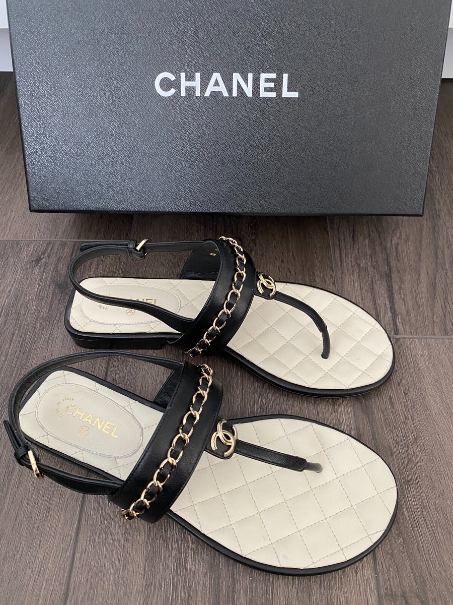 2023 CHANEL CC LOGO BLACK THONG LEATHER FLAT SHOES SANDALS 37