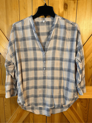 Lucky Brand size M Pink Navy 3/4 sleeve Cotton Pullover Front Buttons (3955) Rea