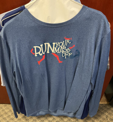 THE NORTH FACE BOSTON MARATHON L/S BLUE '' RUN YOUR MASS OFF'' SHIRT NEW RARE 