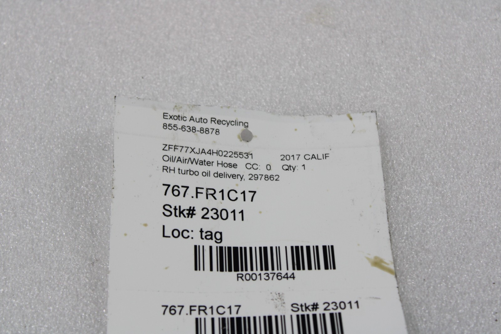 Ferrari Portofino, California T, RH, Turbo Oil Delivery Pipe, Used, P/N 297862