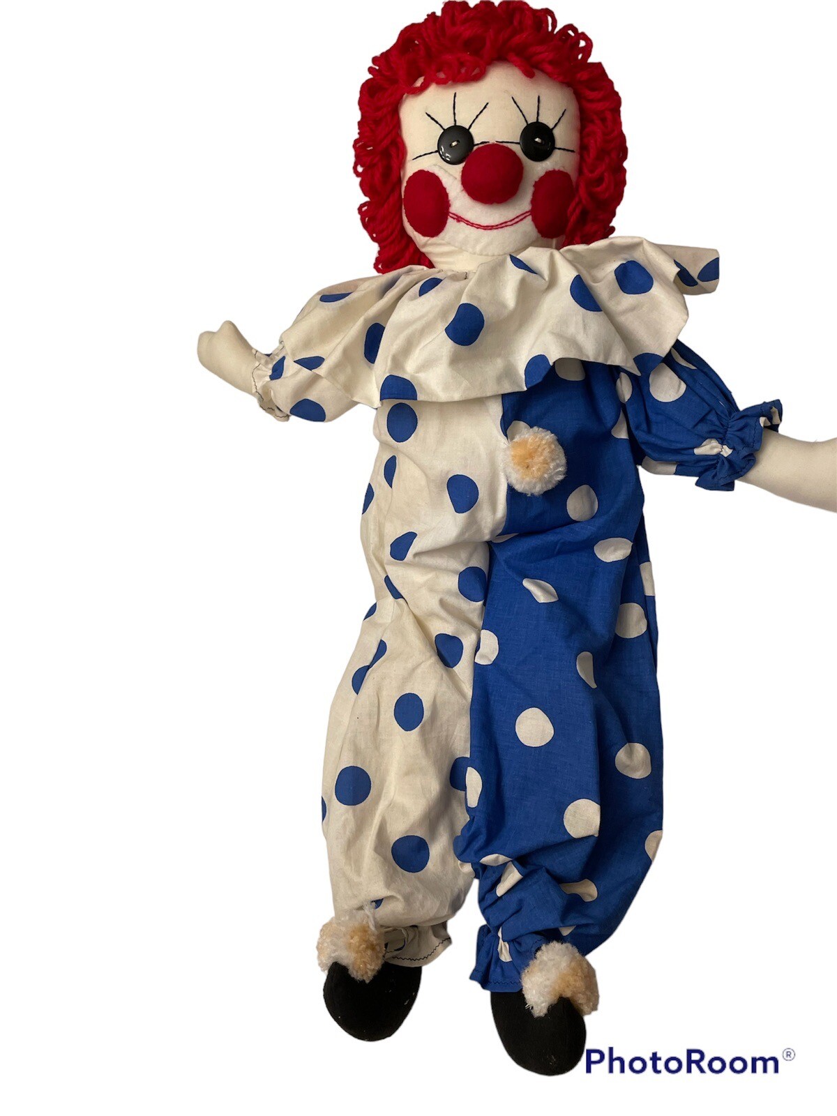 Vintage Handmade Clown Plush Stuffed Rag Doll Polka Dot Suit & Hat 32” Tall