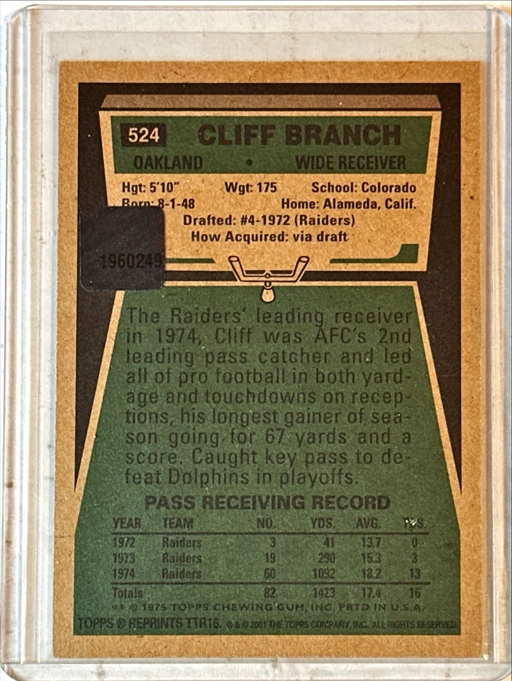 Cliff Branch 2001 Topps Team Topps Legends Football Auto RAIDERS - Image 2 of 2